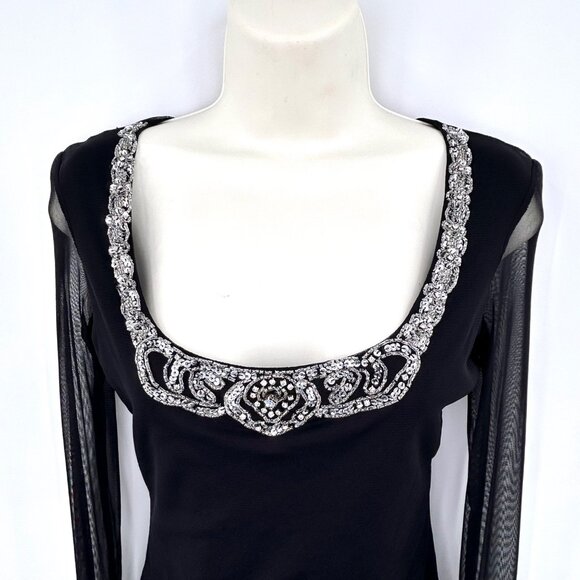 INC INTERNATIONAL CONCEPTS BLACK LONG SHEER SLEEVE RHINESTONE SEQUIN DETAIL TOP - Picture 2 of 6